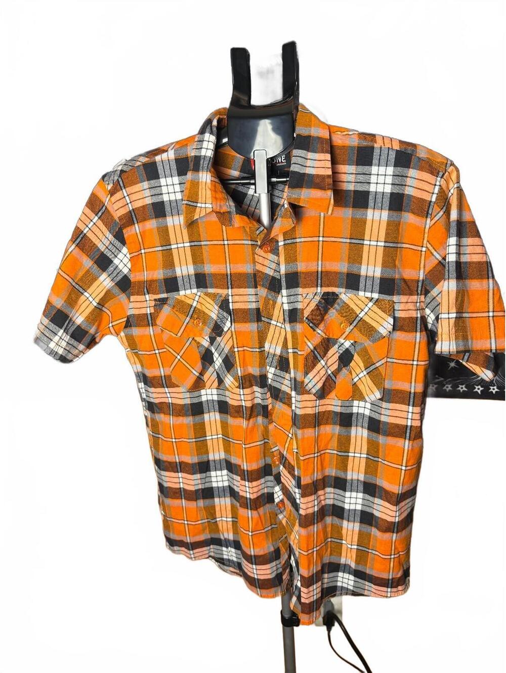 Zone Mens Orange and Black Plaid Short Sleeve Shirt sz L